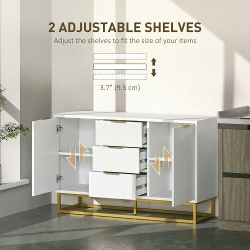 Wyld Haus Luka White Sideboard 3 Drawers 2 Doors Chevron Design Gold Accents