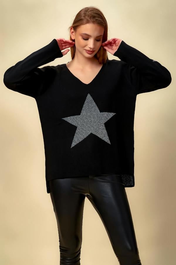 Hoxton Gal Oversized Long Sleeves Star Top with V Neck in Black