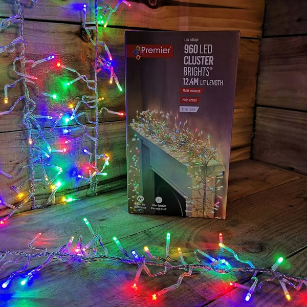 Samuel Alexander 960 LED 12m Premier Cluster Indoor Outdoor Multi Function Mains Operated Christmas Lights with Timer on Clear Cable in Multicoloured