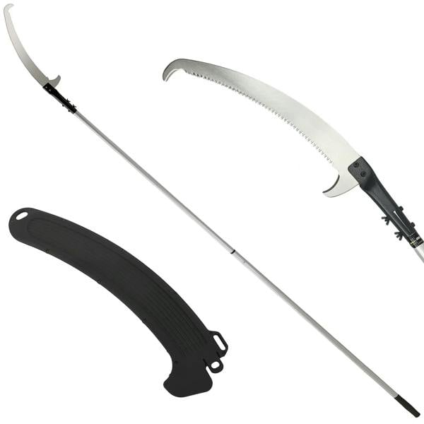 Extendable pole saw with silver telescopic handle, black grip, and curved pruning blade