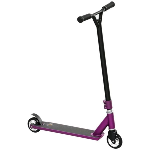 Purple stunt scooter with lightweight aluminum deck, black handlebars, and front wheel