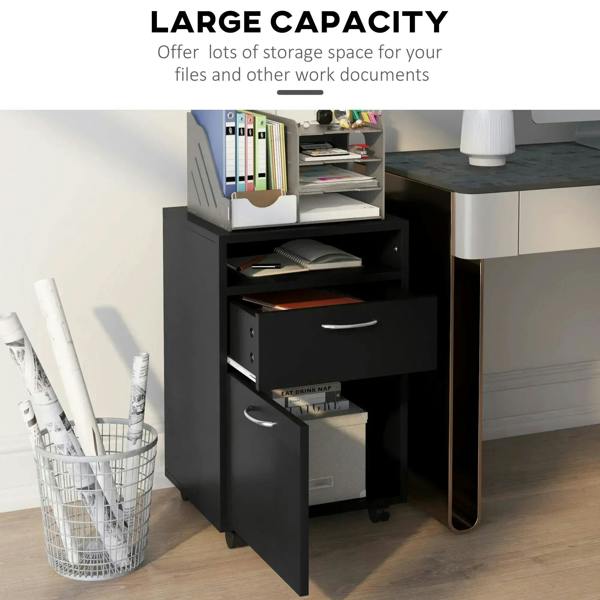 Black mobile filing cabinet with open shelves, two drawers, and a closed cabinet door