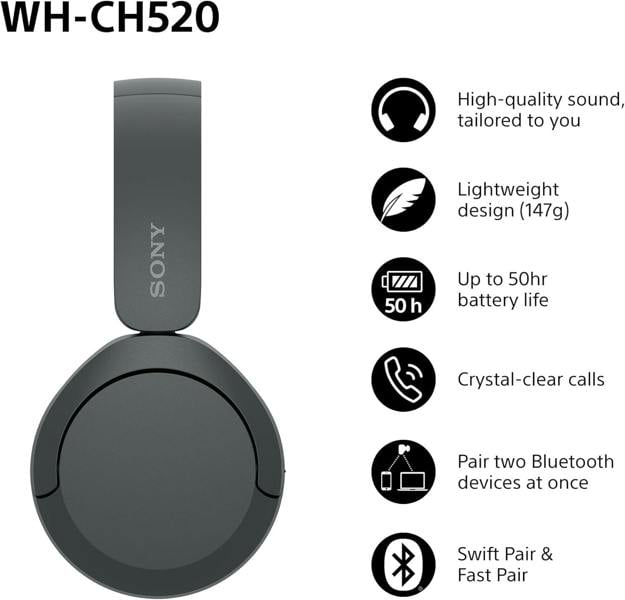 Sony WH-CH520 WIRELESS OVER EAR HEADPHONES BLACK