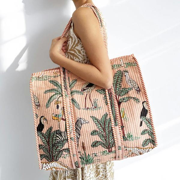 Hayley & Co Jungle Print Large Quilted Cotton Tote Shoulder Bag in Peach