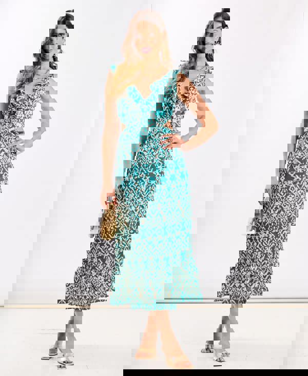 Green Ikat Ruffle Dress Midi