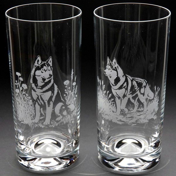 Glyptic Glass Art Siberian Husky Dog Highball Glass - Hand Etched/Engraved Gift
