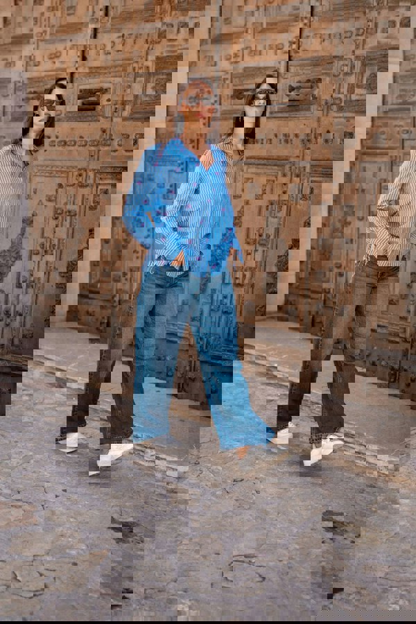 Gini London Blue Bow Embroidered Extreme Cuff Stripe Shirt