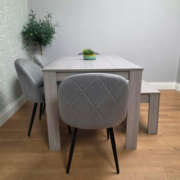 Kosy Koala Light Grey Arrow Pattern Dining Table Set with 4 Grey Velvet Chairs & Bench, 140x80x75cm