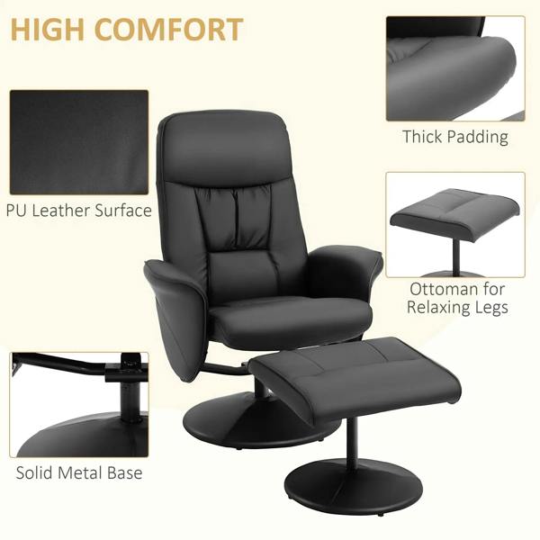Black PU leather swivel recliner chair with padded high back, ottoman, round base