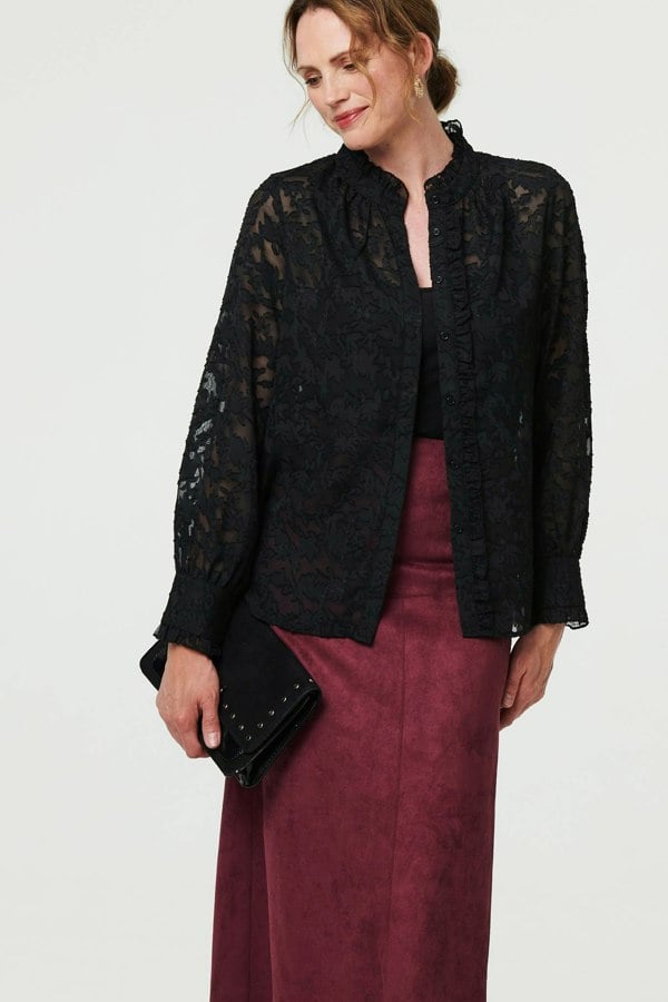 Black | Lace Frill Semi Sheer Long Sleeve Blouse

