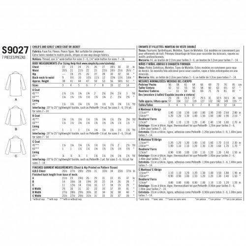 Simplicity Sewing Pattern 9027, Coats, Jackets for Kids, Teenagers, HH (3-4-5-6) - Intermediate