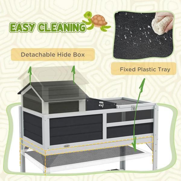 Gray tortoise enclosure with detachable hide box and fixed plastic tray for cleaning