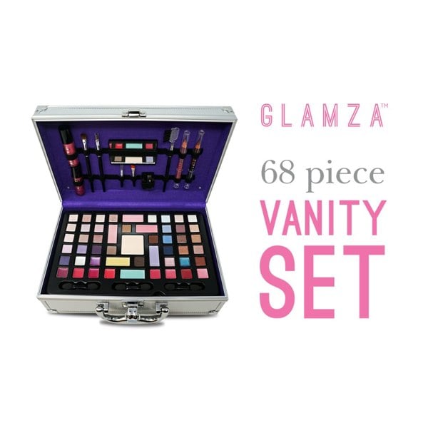 Glamza 68 Piece Vegan Makeup Set Vanity Case (Eyeshadow Palettes, Lipstick, Brushes & More)