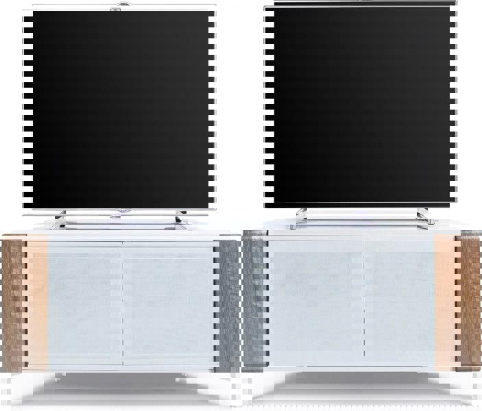 MDA Designs CORVUS Corner-Friendly Gloss White Contemporary Cabinet with Walnut Profiles White BeamThru Glass Doors for Flat Screen TVs up to 50"