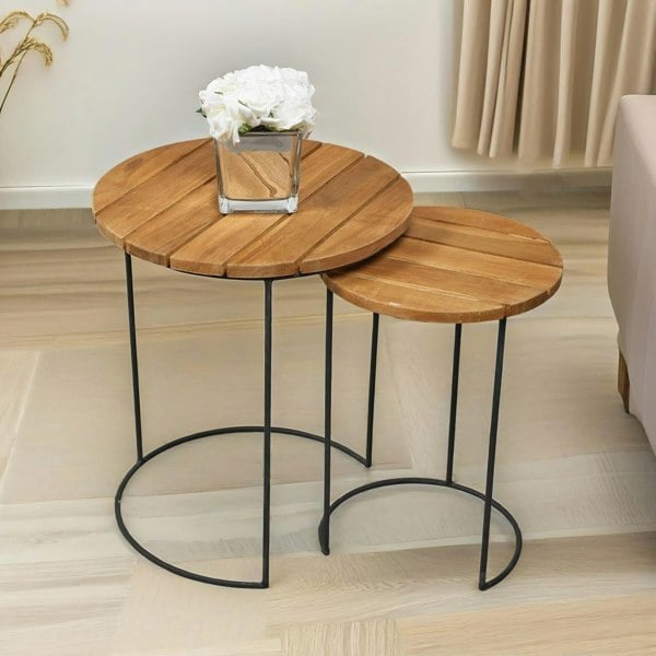 Rafaelo Mobilia Set Of 2 Round Teak Nesting Tables Rustic Brown