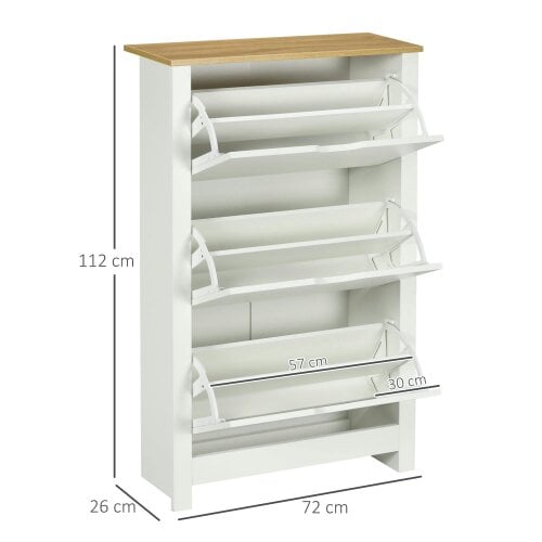 Wyld Haus Rokeha Wooden White and Natural Narrow Shoe Cupboard With 3 Flip Drawers For 18 Pairs