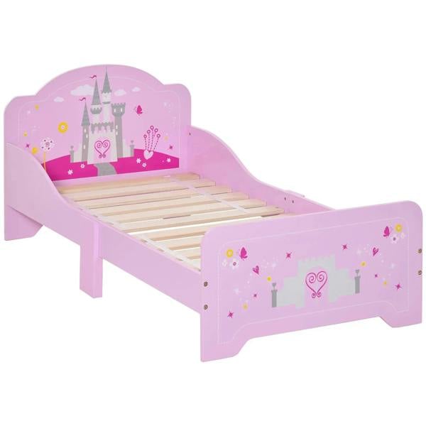 Kids princess castle theme bed frame in pink with side safety rails and slatted base