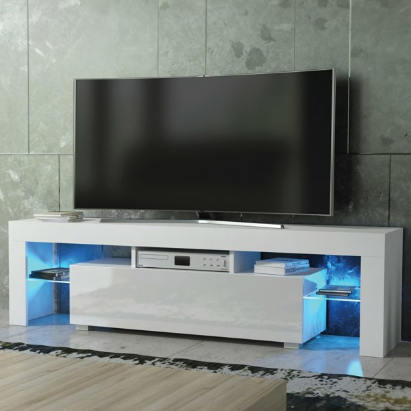 Mex Furniture Chic 160cm TV Unit – Modern TV Stand Cabinet with White High Gloss Doors and Free LED