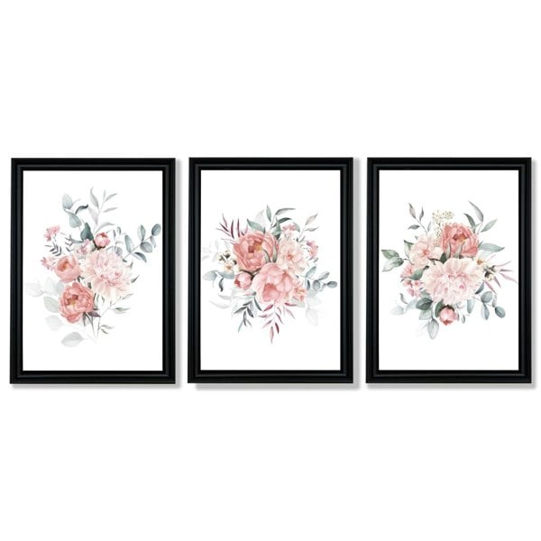 Pink Peonies Watercolour Floral Set of 3 Framed Art Prints with Vermeer Black Frames
