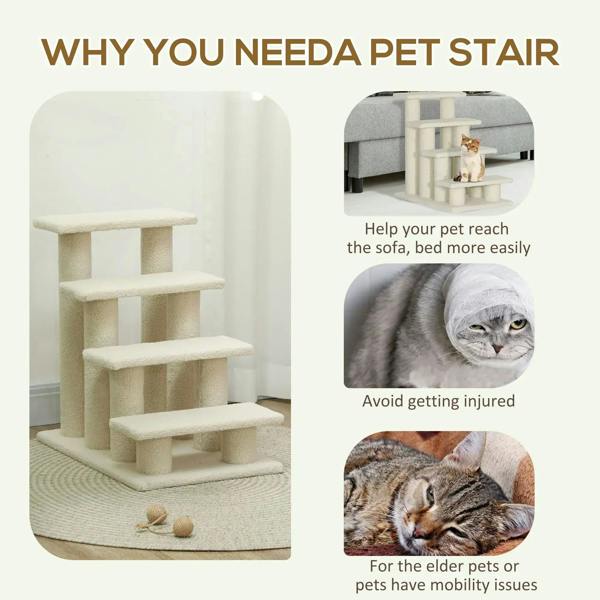 Cream 4-step pet stairs with plush treads for easy access to furniture