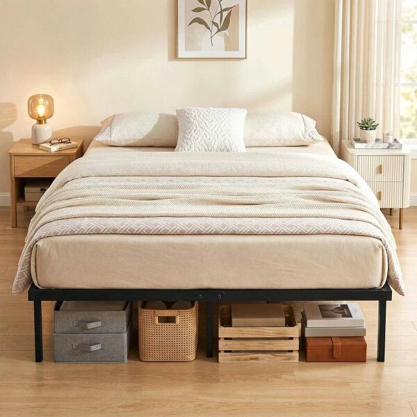 4ft6 Double Bed Frame with Underbed Storage, Metal Platform Bed Frame with Steel Slat Support, No Box Spring Needed