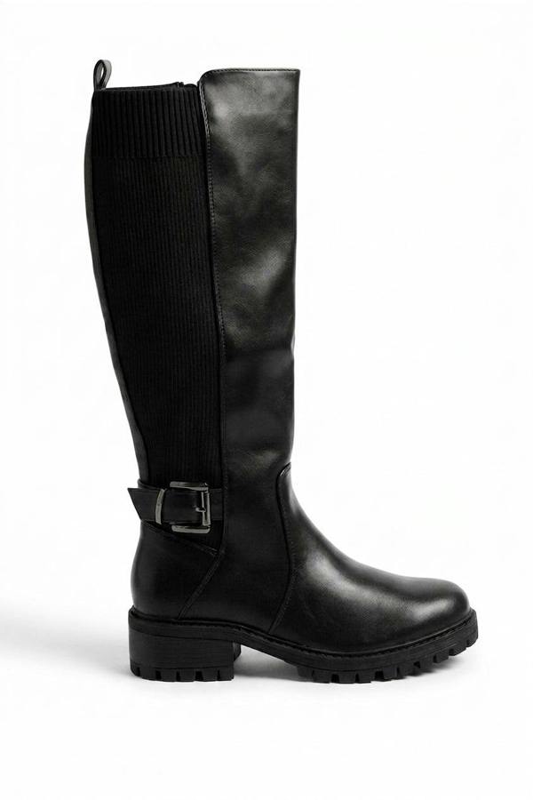 Cordelia Ribbed Panel Knee High Boots - Black_wb