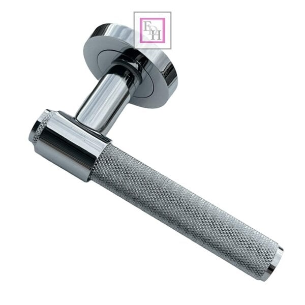 EDH Door Hardware Polished Chrome Knurled Door Handles on Round Rose – Modern Internal Lever Handle