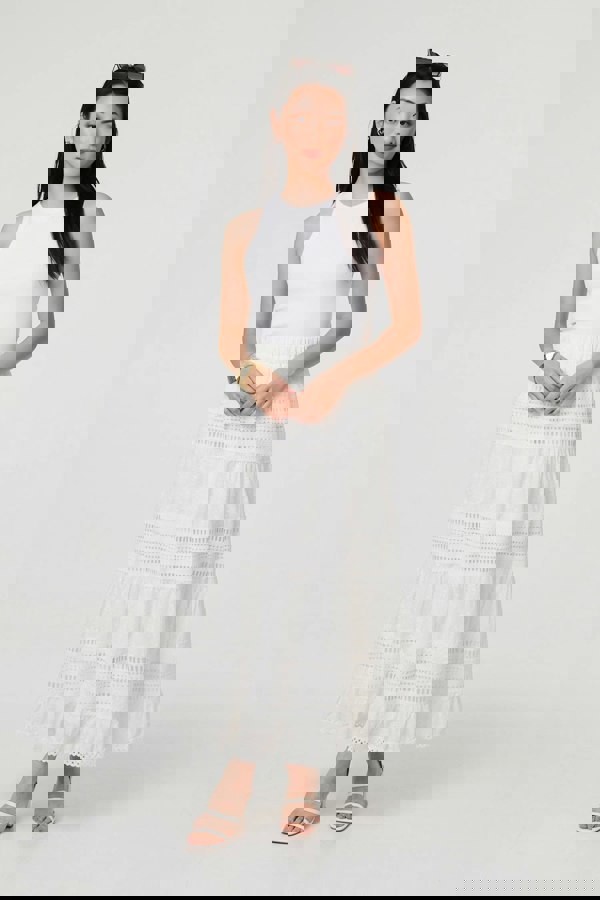 White | High Waist Lace Trim Tiered Maxi Skirt
