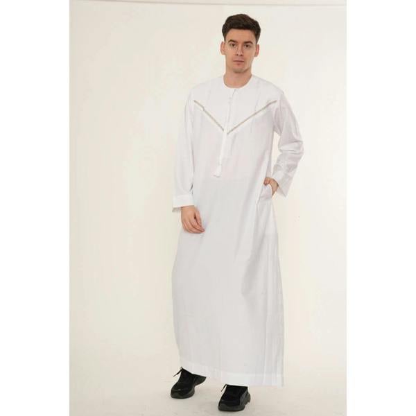 HM10 - Men's Emirati Omani Zipped Embroidery Thobe - White - Thobez - 6