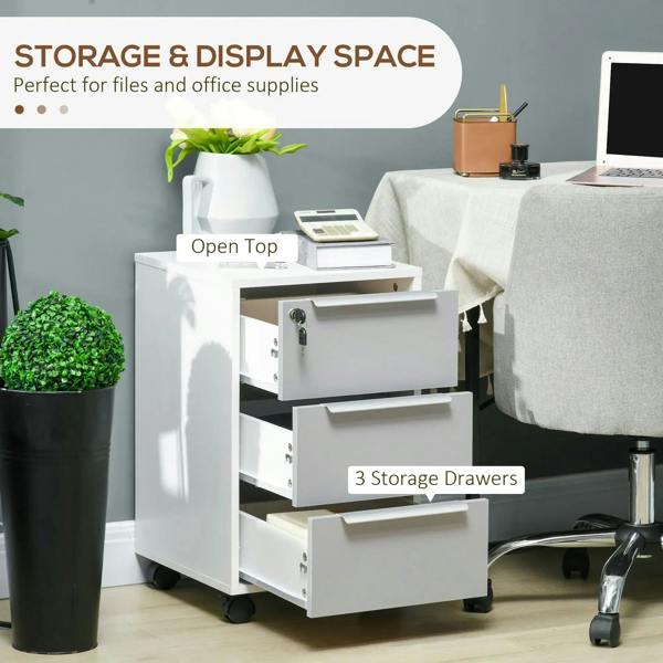 White and grey 3-drawer locking file cabinet with open top storage space and drawer pulls