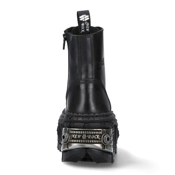 New Rock Metallic Black Leather Boots-WALL083C-S4