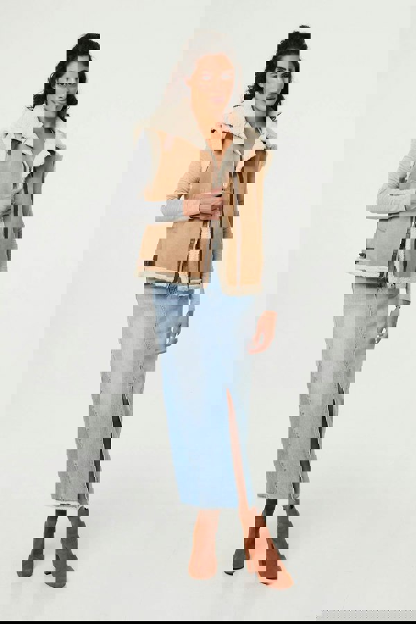 Beige | Faux Suede Fur Lined Sleeveless Gilet
