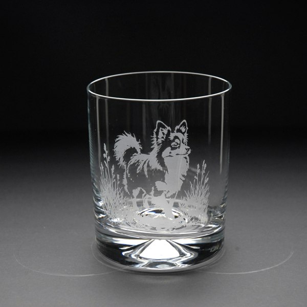 Glyptic Glass Art Papillon Dog Whiskey Tumbler Glass - Hand Etched/Engraved Gift