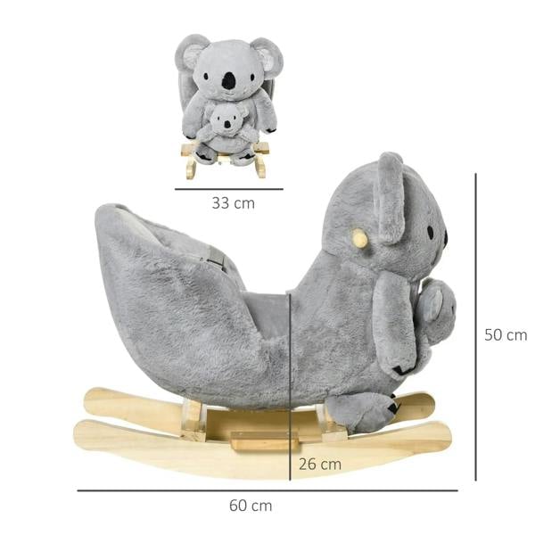 Gray koala plush rocking horse with gloved doll on wooden rocker base, front view