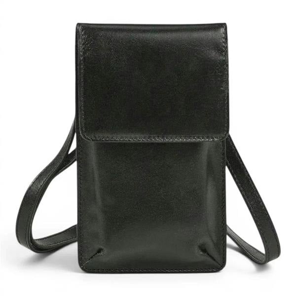 Wholesale black leather phone bag for women crafted from premium
real leather with secure magnetic flap closure.