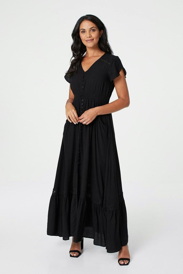 Black |Button Front Maxi Dress with Pocket