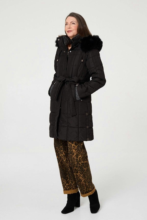 Black | Faux Fur Hood Textured Puffer Jacket
