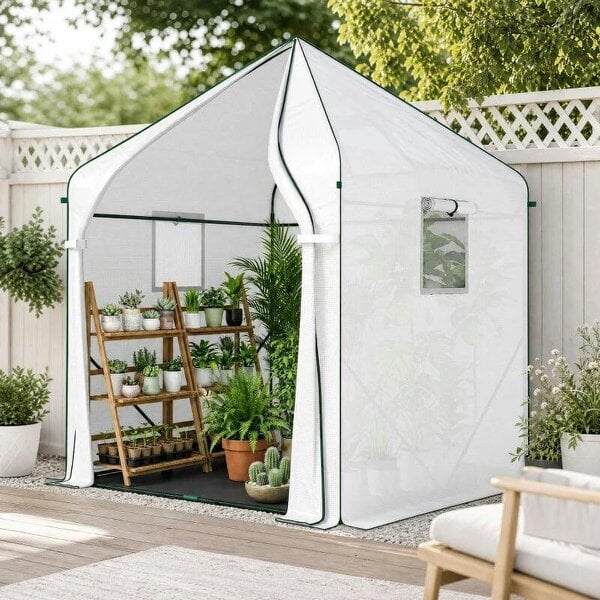 Bobobiy Walk-in Greenhouse for Outdoors with Steel Frame, Large Plant House with Roll-up Door and PE Ground Cover, White
