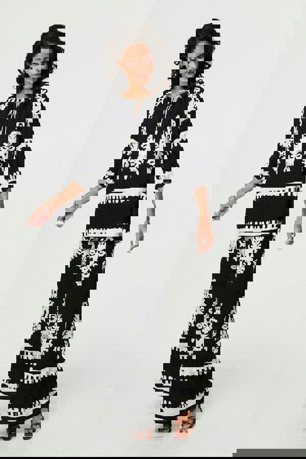 Black | Ikat Print Tassel Tie Neck Blouse
