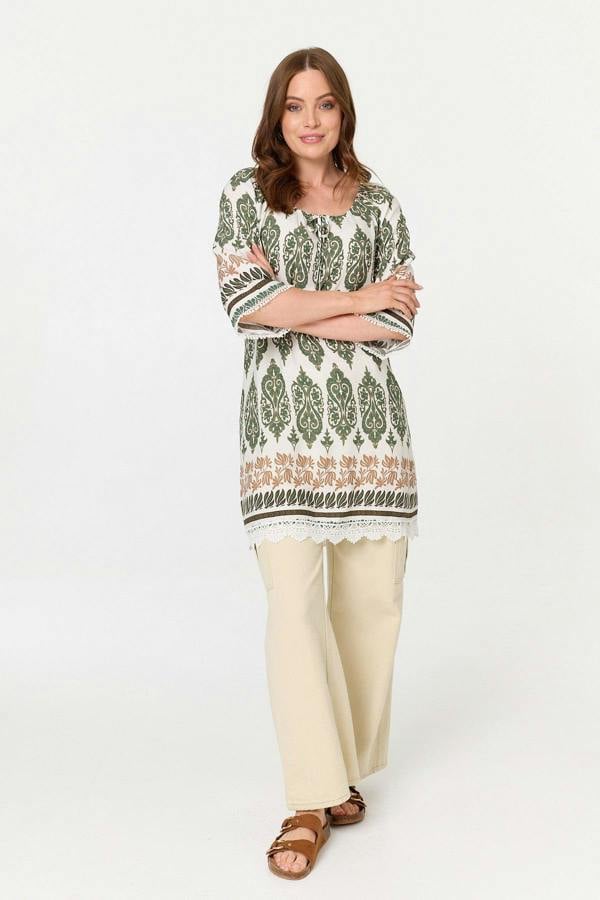 Green | Printed 3/4 Sleeve Longline Tunic Top
