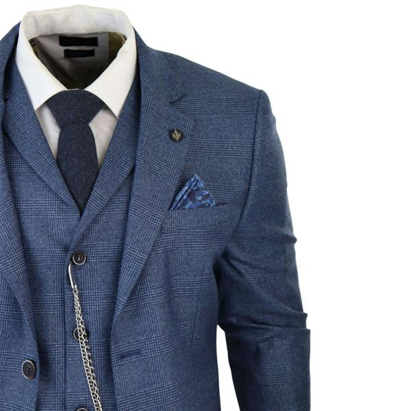 TruClothing Men's 3 Piece Blue Prince Of Wales Check Suit
