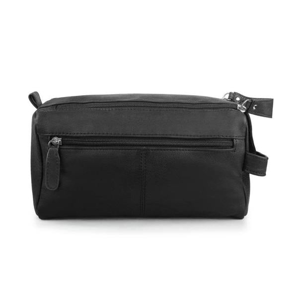 Back view of Black leather wash bag showing zipper