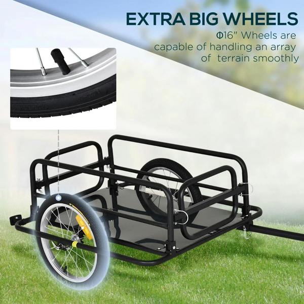 Black bike cargo trailer with extra-large wheels and steel guard rails