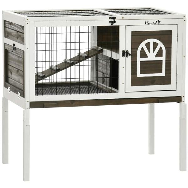 White wire rabbit hutch with ramp inside and wooden side panels