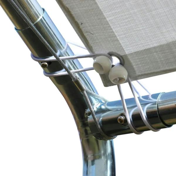 Close-up of galvanized steel carport canopy connector with mesh roof attachment points