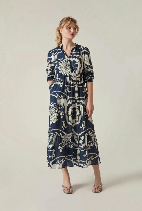 Model wearing the Navy Ornamental Print Tiered Midi Dress by James Lakeland on a neutral beige background
