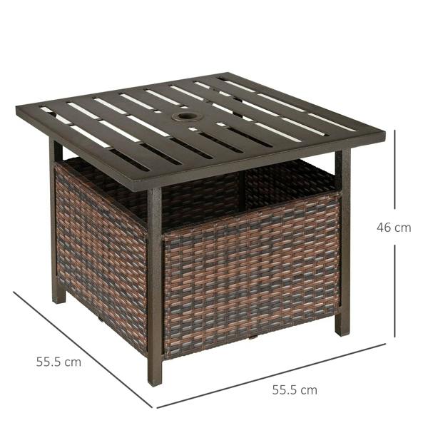 Square brown rattan coffee table with dark slatted top and umbrella hole