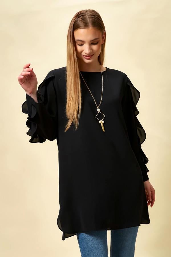 Hoxton Gal Oversized Ruffle Sleeve Relaxed Fit Tunic in Black