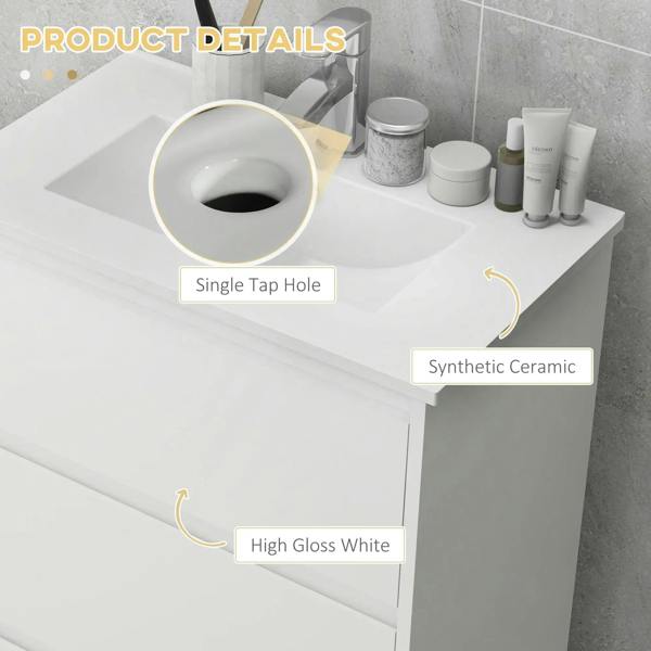 High gloss white vanity unit with single tap hole sink and synthetic ceramic basin