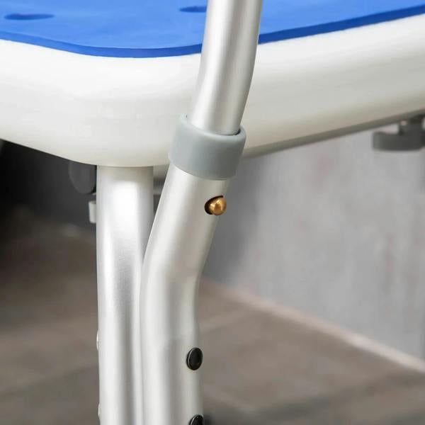 Close-up of shower chair leg joint and adjustable suction foot pad